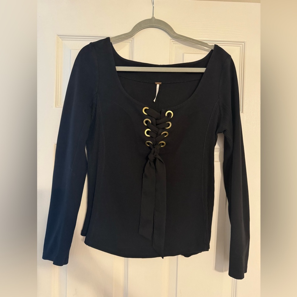 Free People Longed Sleeved Tie Front Black Blouse